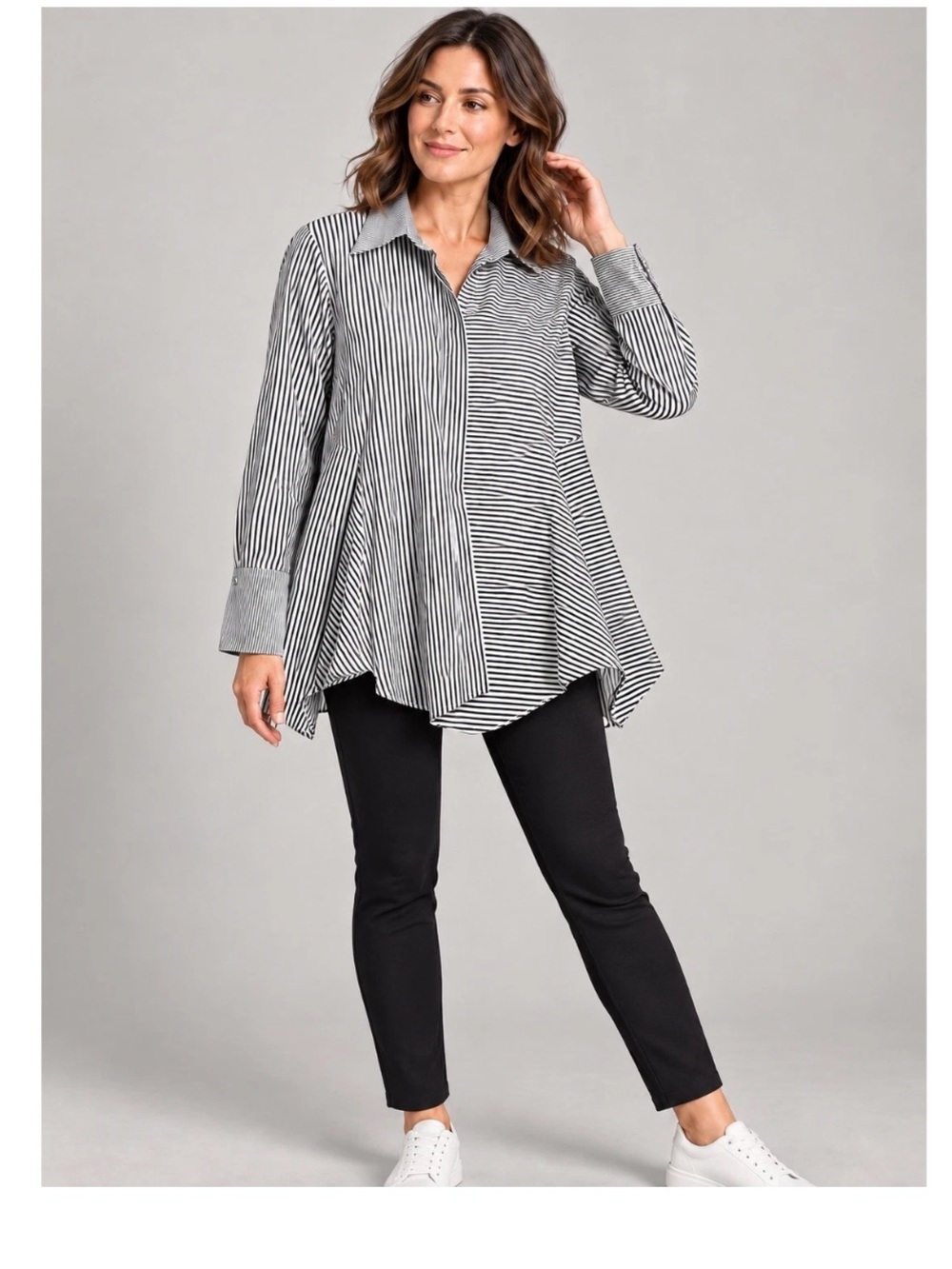 PLANET by Lauren G Button Down Shirt Striped Boxy Fit Lagenlook Asymmetric